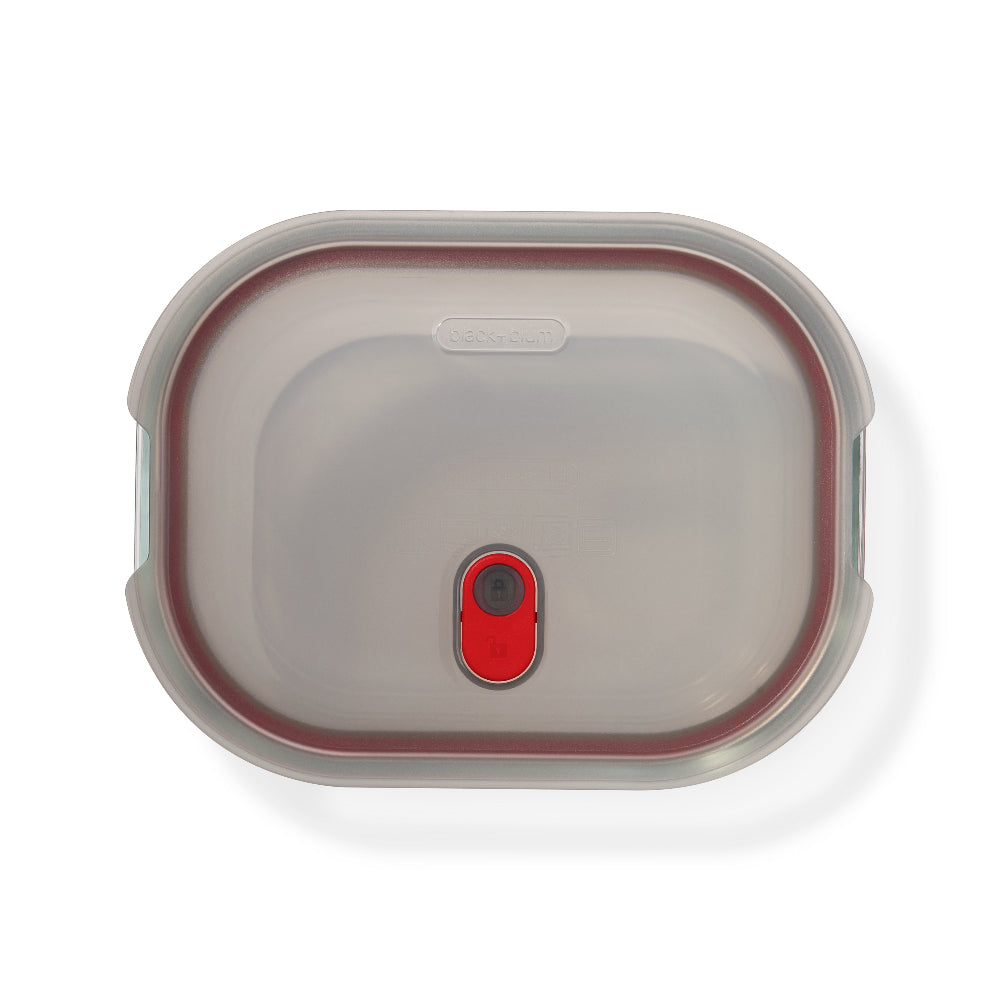 Top-down view of a clear plastic storage container with a dark red silicone seal and a red flip-top lid, on a white background.